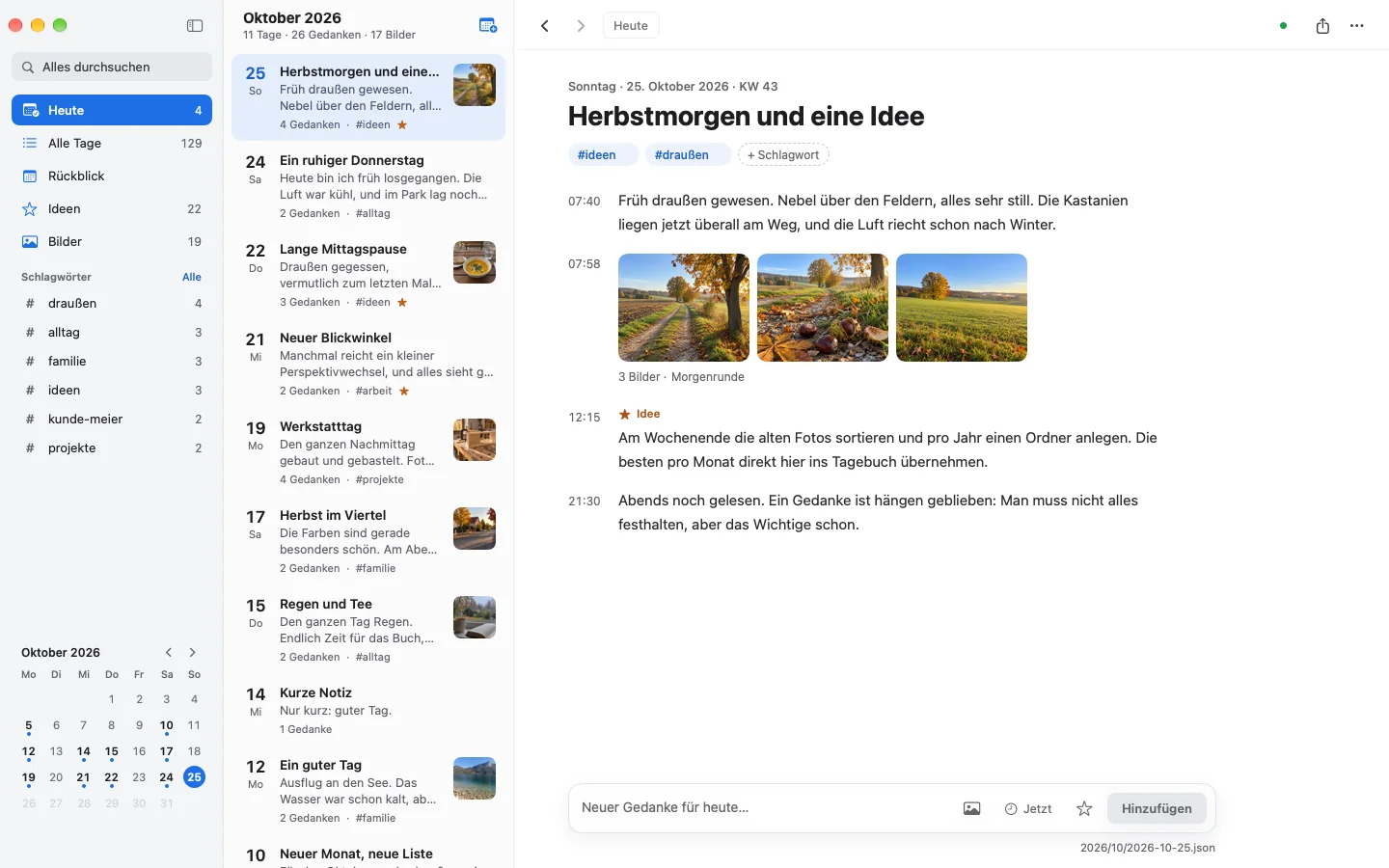 Dusk am Mac: die heutige Seite mit Gedanken, Uhrzeiten und Fotos